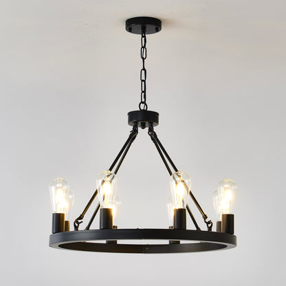 8-Light (No Bulbs) Matte Black Wagon Wheel Chandelier Farmhouse Modern Small Round Chandelier for Living Room Kitchen Island Foyer Hallway Entryway Bedroom Dining Room Light Fixture Ceiling Hanging