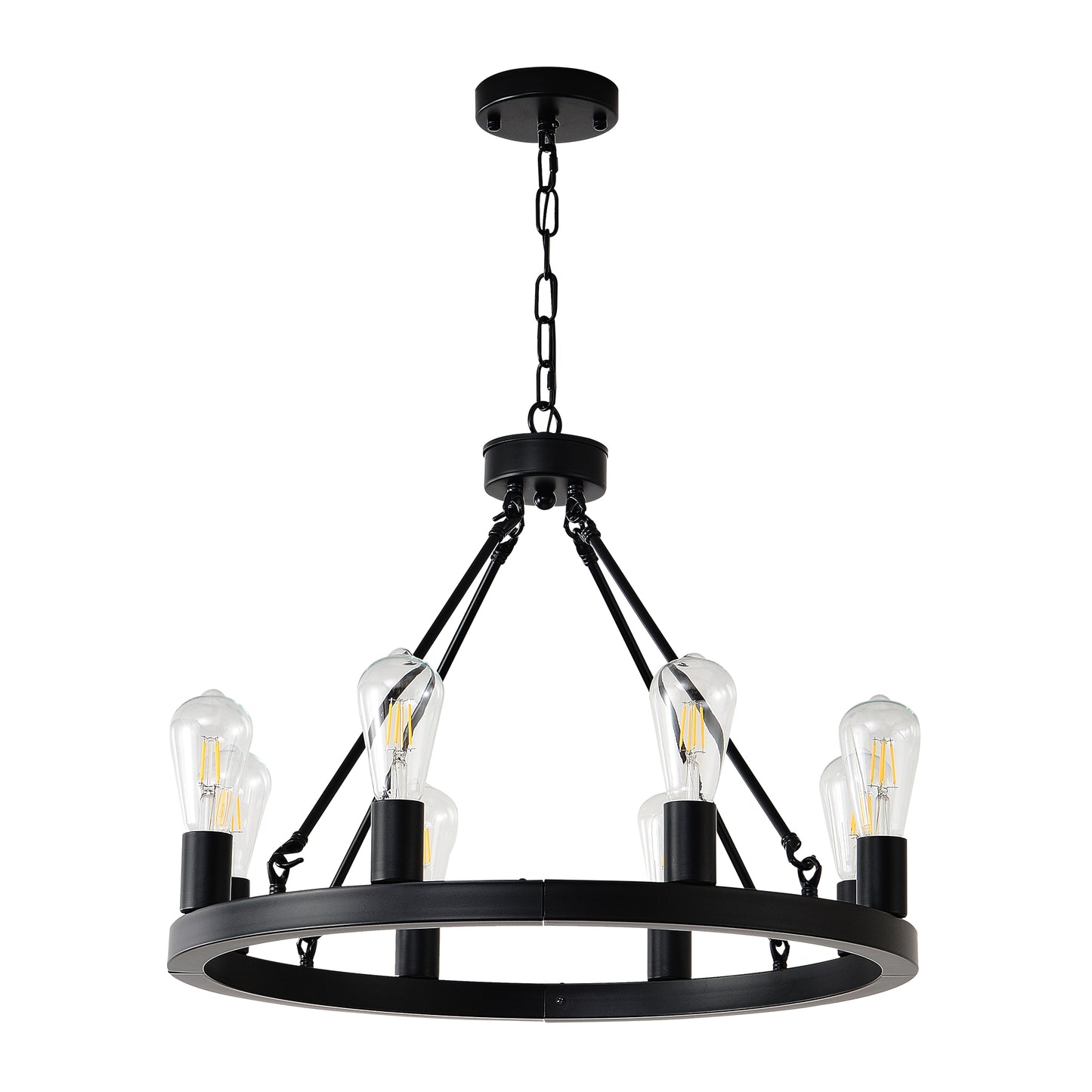 8-Light (No Bulbs) Matte Black Wagon Wheel Chandelier Farmhouse Modern Small Round Chandelier for Living Room Kitchen Island Foyer Hallway Entryway Bedroom Dining Room Light Fixture Ceiling Hanging