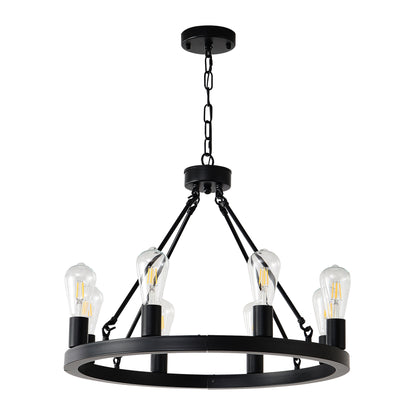 8-Light (No Bulbs) Matte Black Wagon Wheel Chandelier Farmhouse Modern Small Round Chandelier for Living Room Kitchen Island Foyer Hallway Entryway Bedroom Dining Room Light Fixture Ceiling Hanging