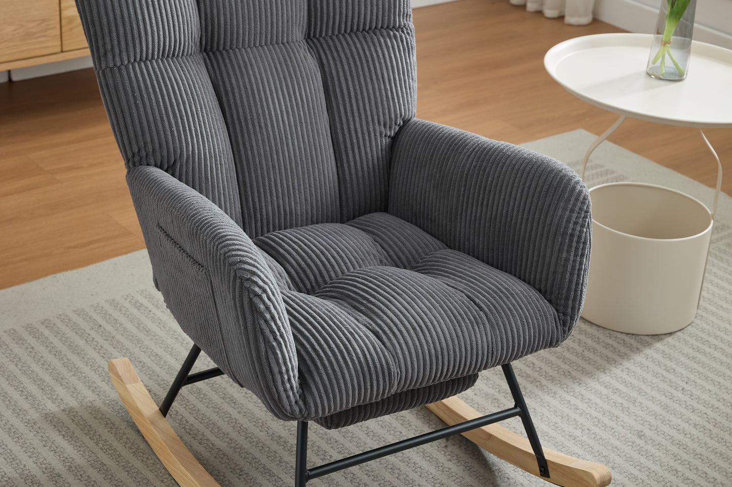 Modern Nursery Rocking Chair, Upholstered Glider Chair with High Backrest, Rocker Accent Armchair with Solid Wood Legs for Nursery Bedroom Living Room DARK GRAY
