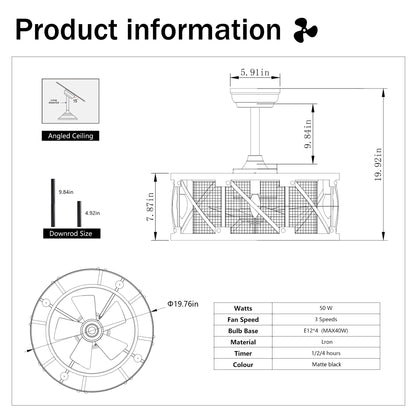 20''Industrial 5-Blade Ceiling Fan with remote control ,5 ABS Blades small size ceiling fan--Black Matte