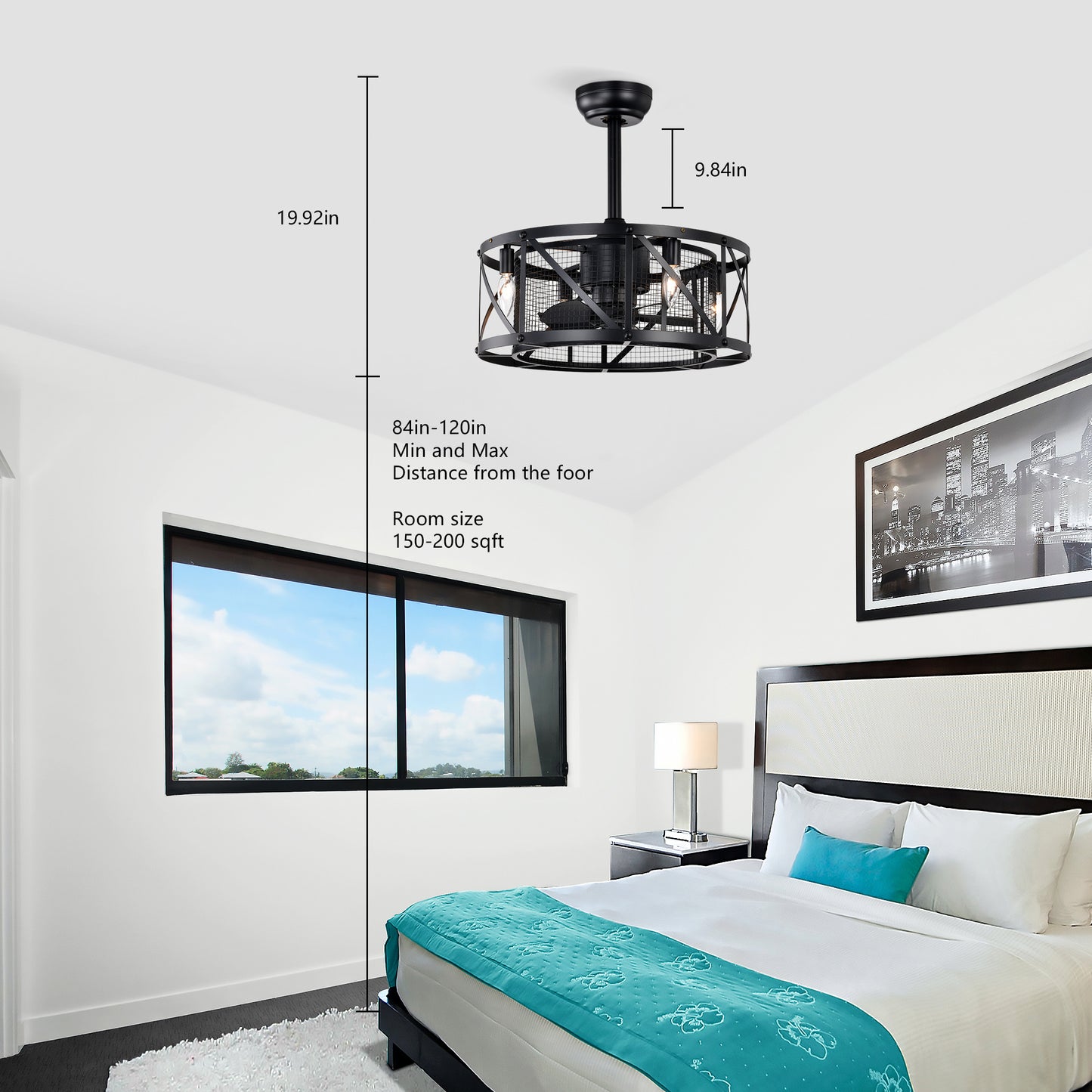 20''Industrial 5-Blade Ceiling Fan with remote control ,5 ABS Blades small size ceiling fan--Black Matte