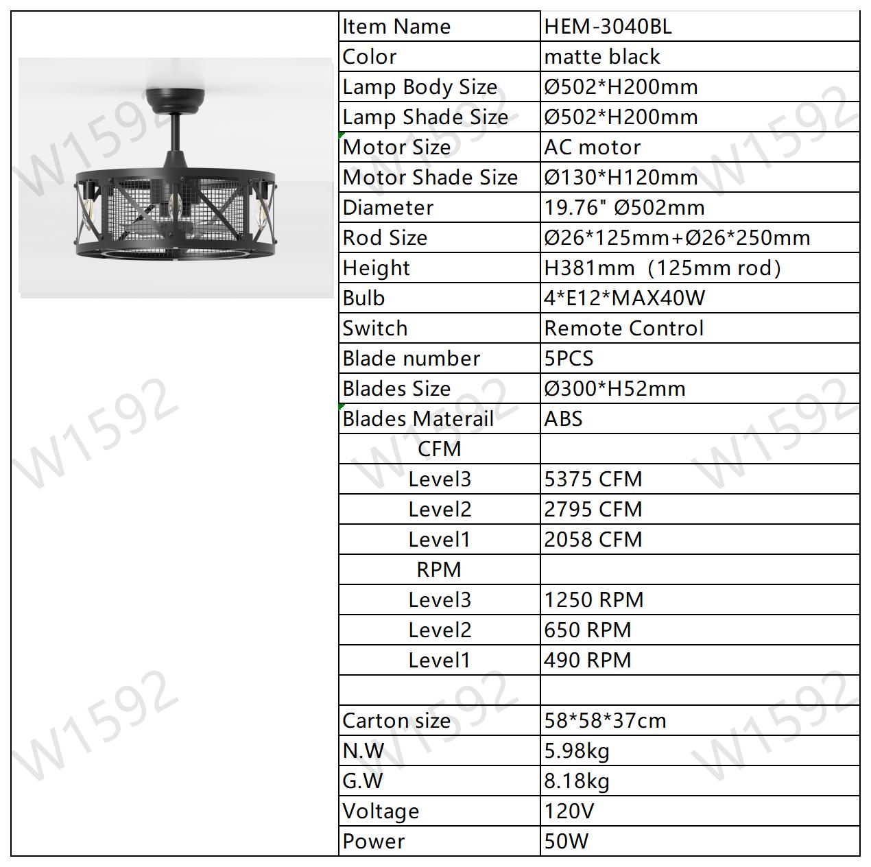 20''Industrial 5-Blade Ceiling Fan with remote control ,5 ABS Blades small size ceiling fan--Black Matte