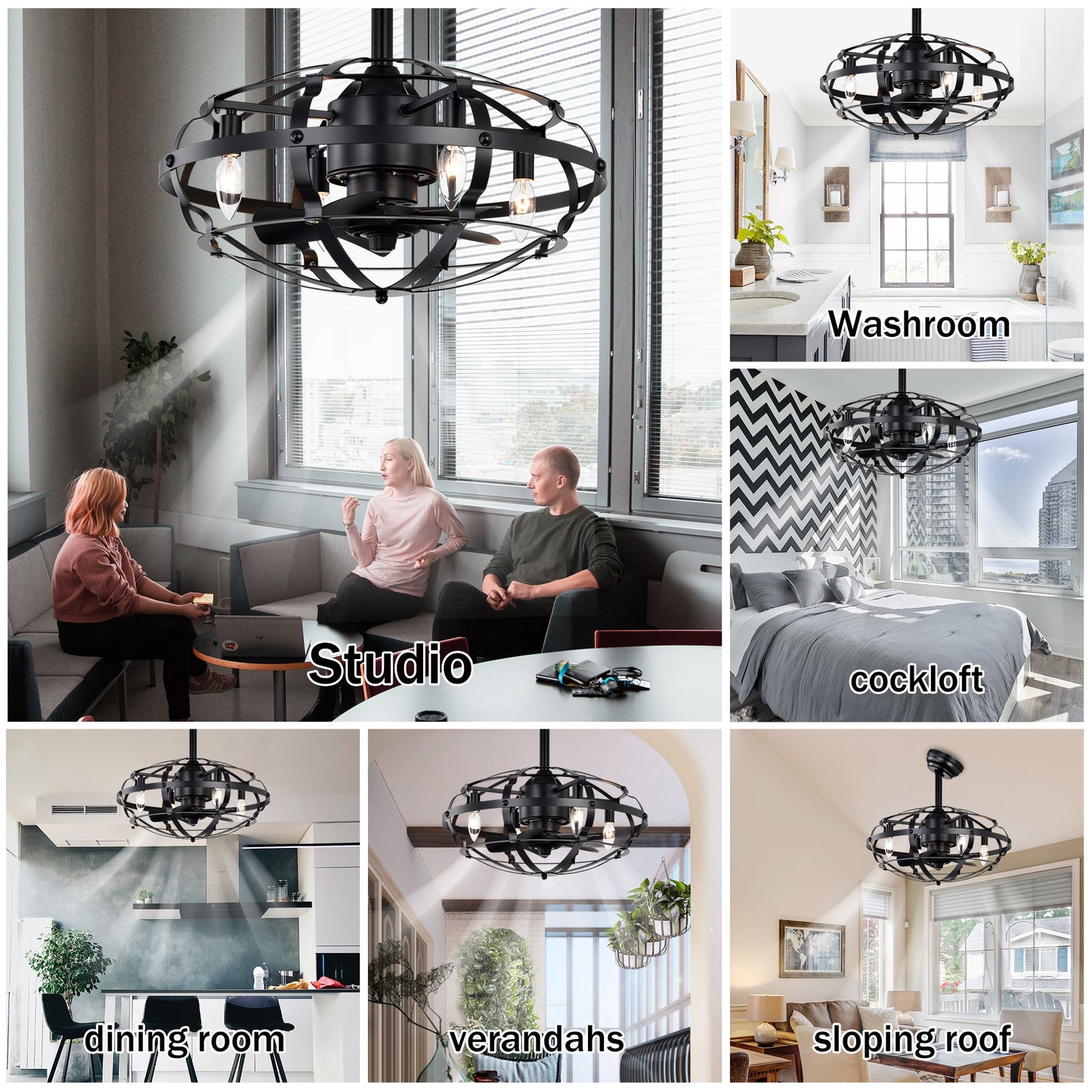 Hot Sell Industrial Ceiling Fan Light Kit for Living Room Bedroom Kitchen and Bladeless Caged Ceiling Fan with Lights