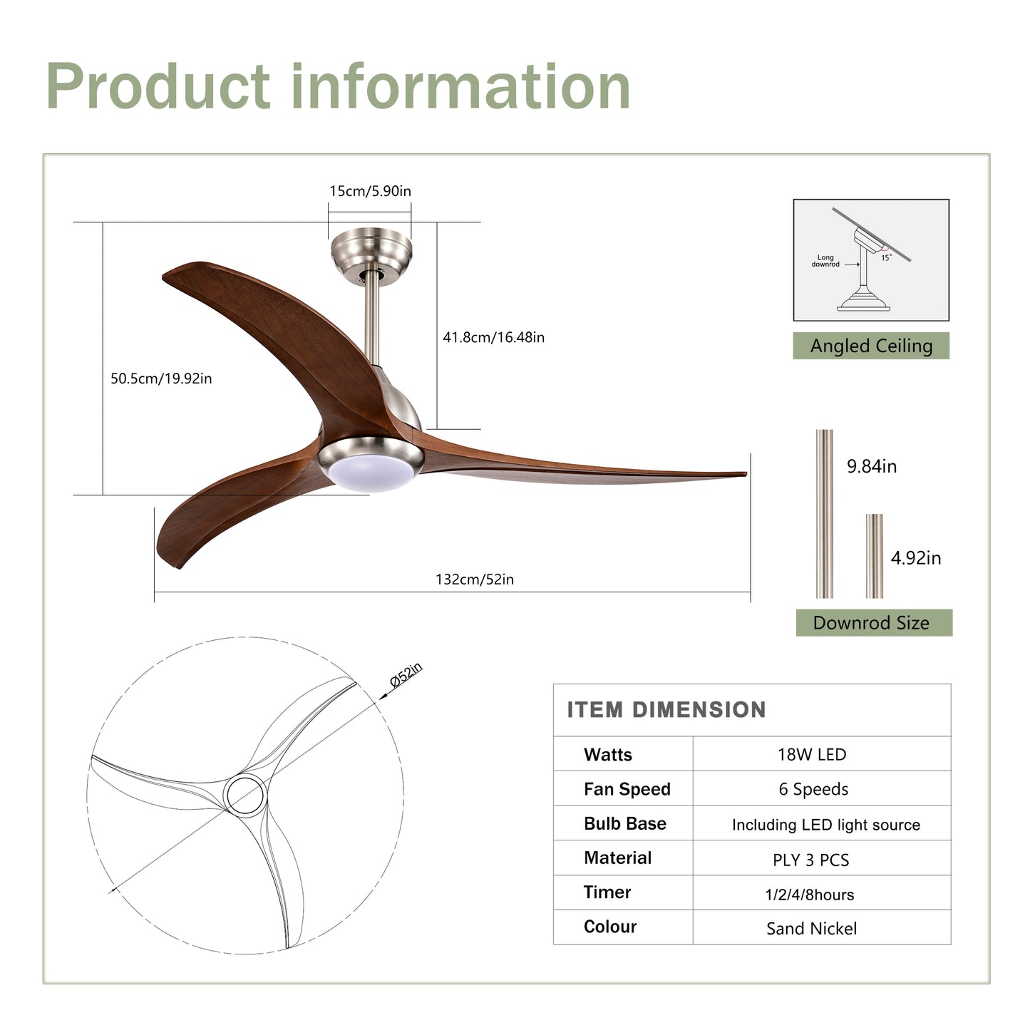 52" Solid Wood Blades Ceiling Fan With Light with Remote Control, Noiseless Reversible Motor, 6 Speed ,3 Color , for Patio Living Room, Bedroom, Indoor.(Stain nickel + Walnut )