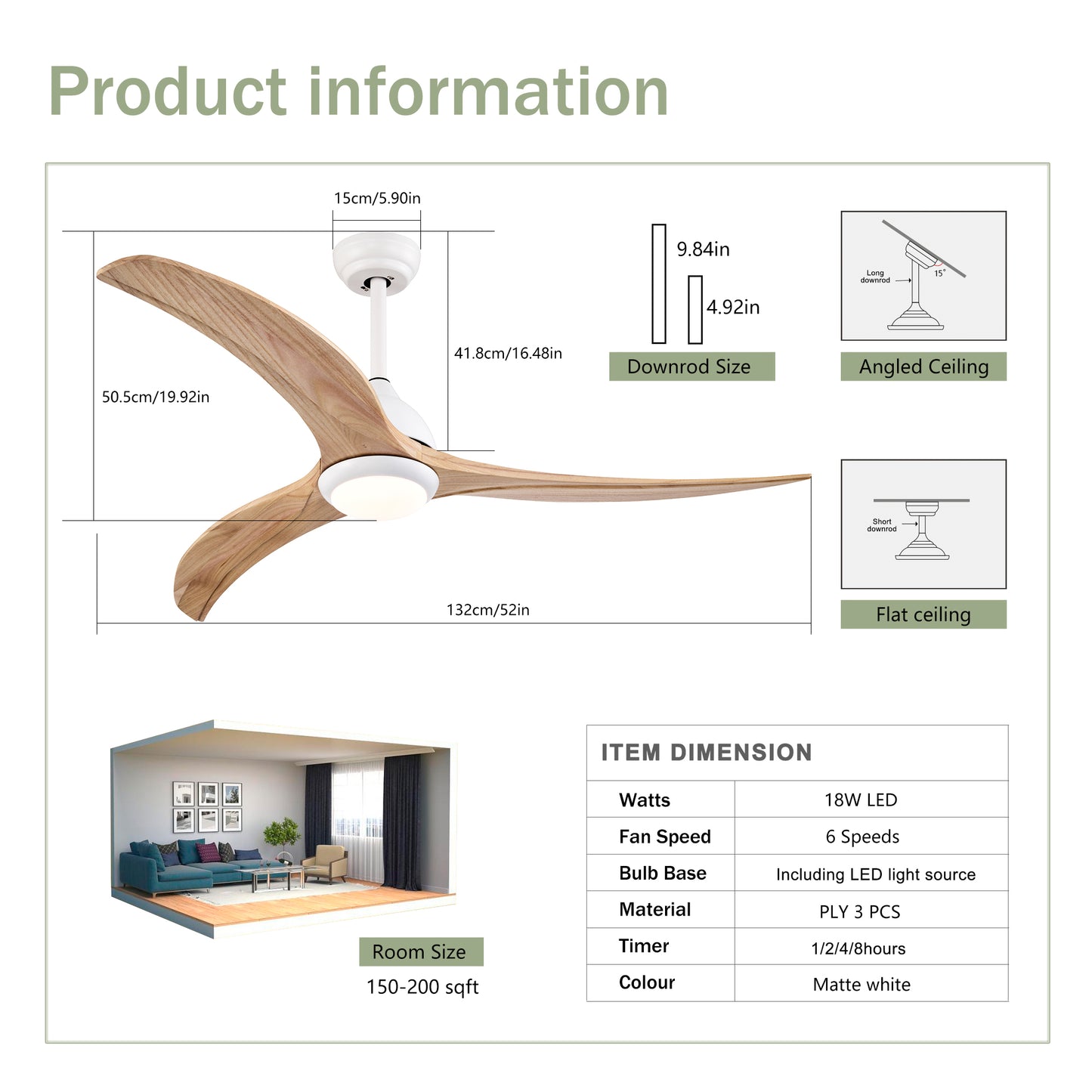 52" Ceiling Fan, Solid Wood Blades Ceiling Fan With Light with Remote Control, Noiseless Reversible Motor, 6 Speed ,3 Color ,for Patio Living Room, Bedroom,Indoor.(Matte White)