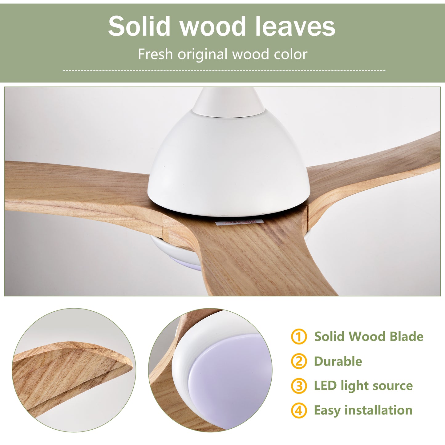 52" Ceiling Fan, Solid Wood Blades Ceiling Fan With Light with Remote Control, Noiseless Reversible Motor, 6 Speed ,3 Color ,for Patio Living Room, Bedroom,Indoor.(Matte White)