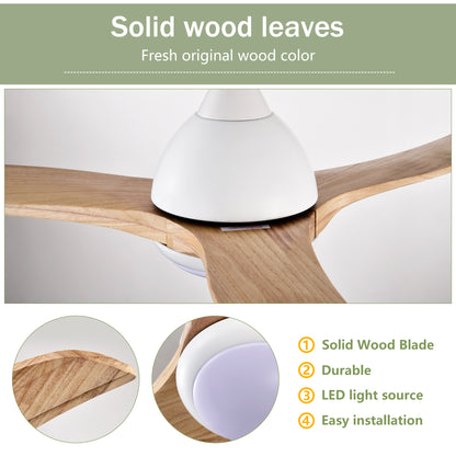 52" Ceiling Fan, Solid Wood Blades Ceiling Fan With Light with Remote Control, Noiseless Reversible Motor, 6 Speed ,3 Color ,for Patio Living Room, Bedroom,Indoor.(Matte White)