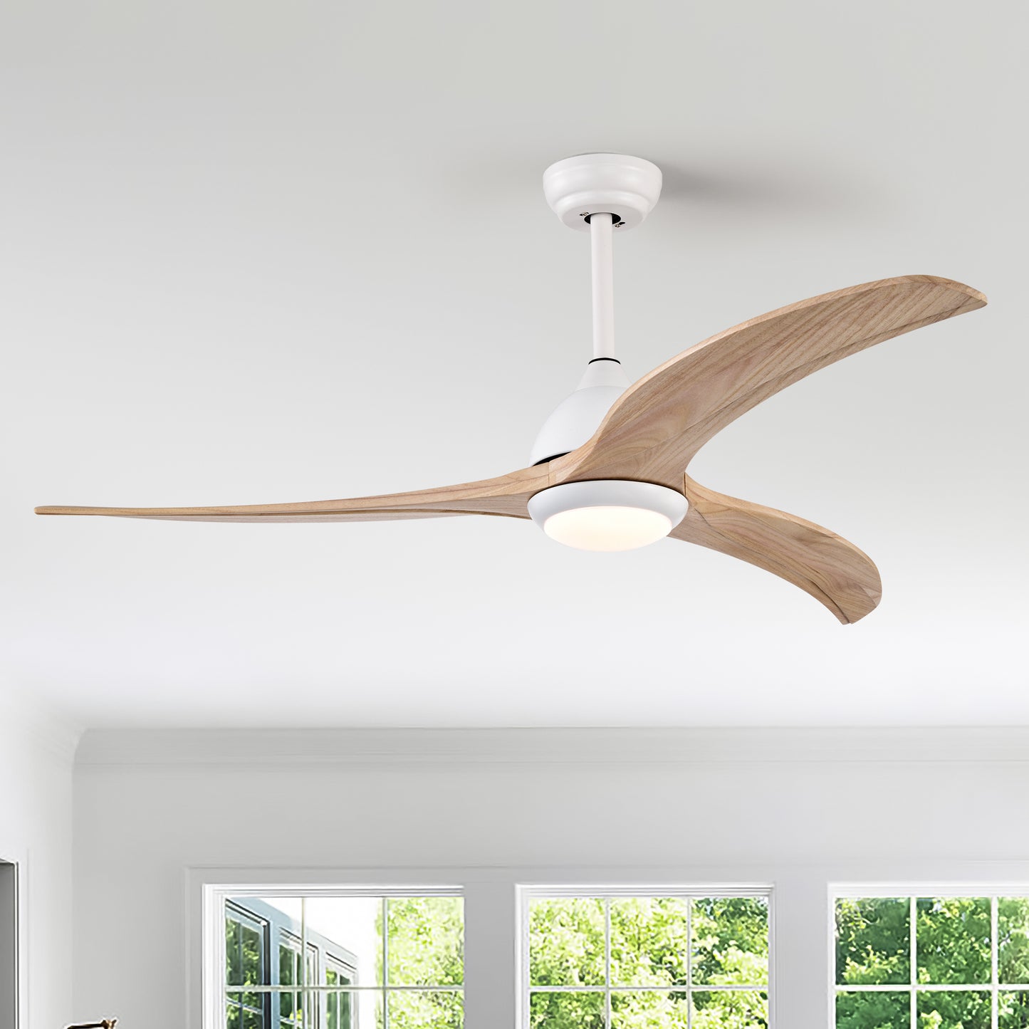 52" Ceiling Fan, Solid Wood Blades Ceiling Fan With Light with Remote Control, Noiseless Reversible Motor, 6 Speed ,3 Color ,for Patio Living Room, Bedroom,Indoor.(Matte White)