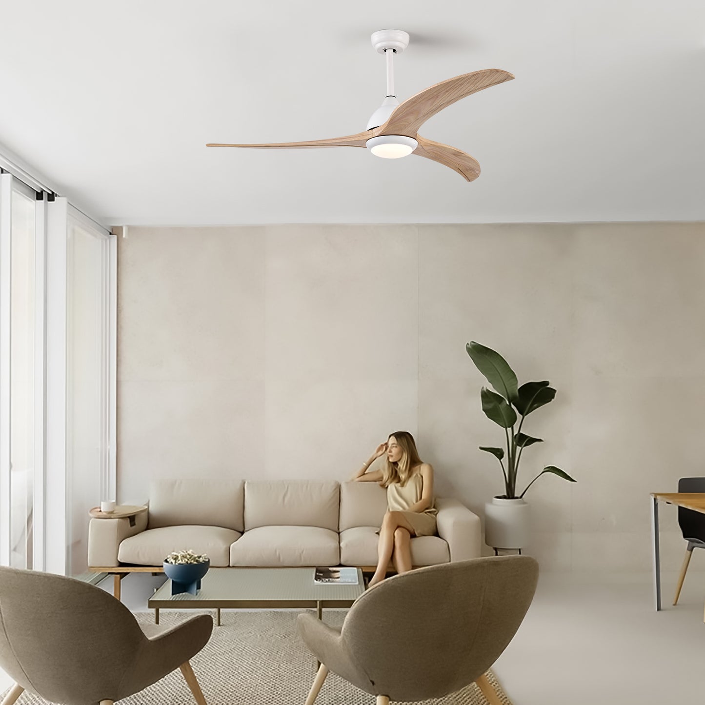 52" Ceiling Fan, Solid Wood Blades Ceiling Fan With Light with Remote Control, Noiseless Reversible Motor, 6 Speed ,3 Color ,for Patio Living Room, Bedroom,Indoor.(Matte White)