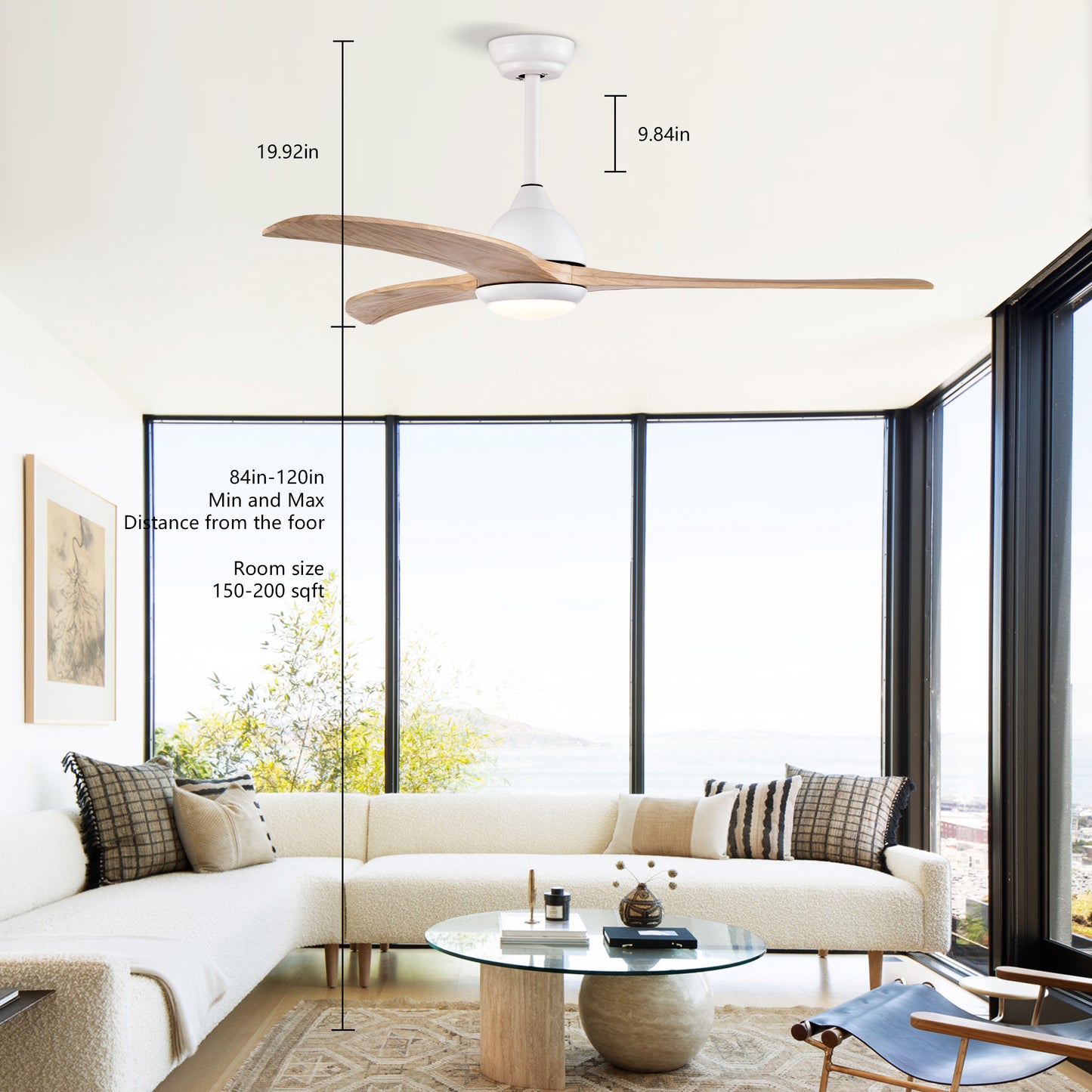52" Ceiling Fan, Solid Wood Blades Ceiling Fan With Light with Remote Control, Noiseless Reversible Motor, 6 Speed ,3 Color ,for Patio Living Room, Bedroom,Indoor.(Matte White)