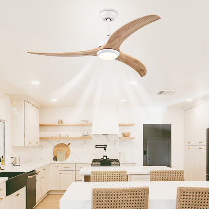 52" Ceiling Fan, Solid Wood Blades Ceiling Fan With Light with Remote Control, Noiseless Reversible Motor, 6 Speed ,3 Color ,for Patio Living Room, Bedroom,Indoor.(Matte White)