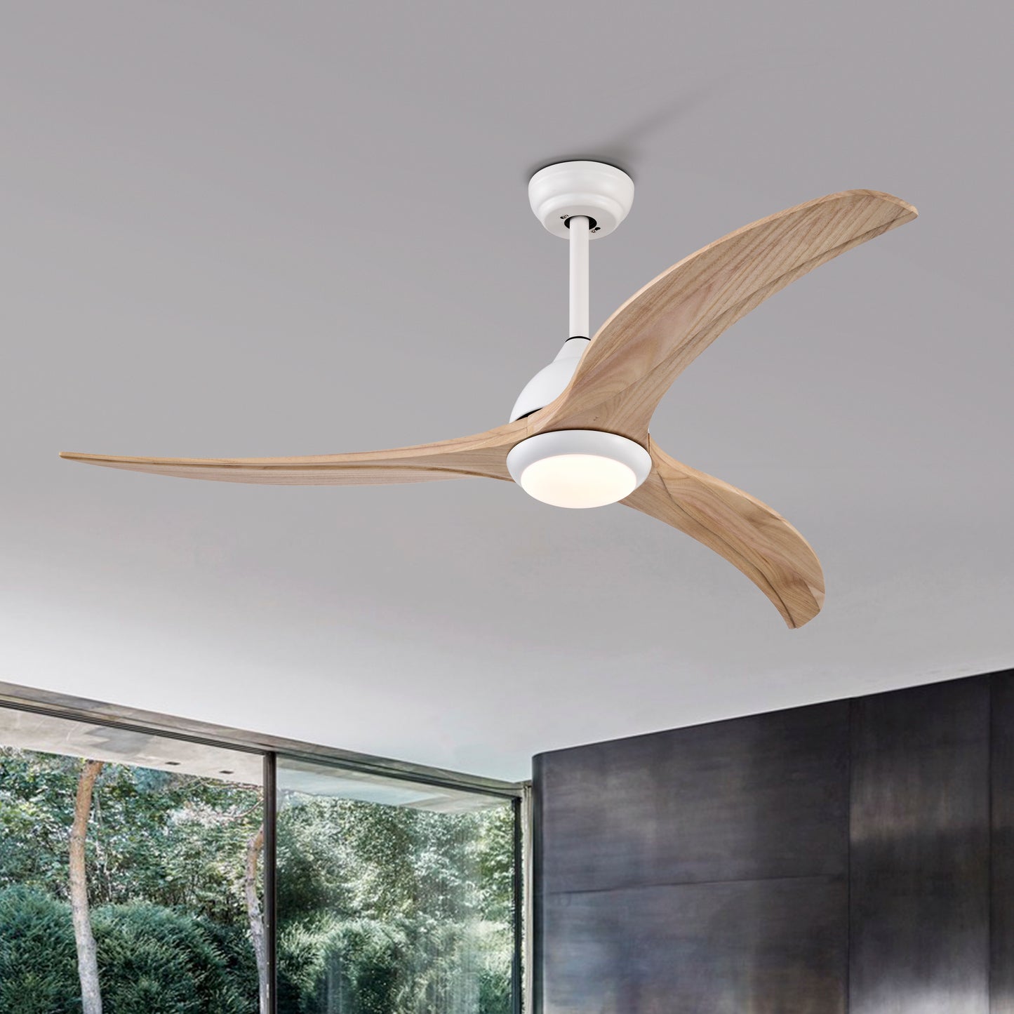 52" Ceiling Fan, Solid Wood Blades Ceiling Fan With Light with Remote Control, Noiseless Reversible Motor, 6 Speed ,3 Color ,for Patio Living Room, Bedroom,Indoor.(Matte White)