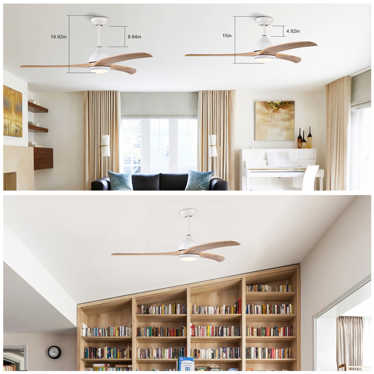 52" Ceiling Fan, Solid Wood Blades Ceiling Fan With Light with Remote Control, Noiseless Reversible Motor, 6 Speed ,3 Color ,for Patio Living Room, Bedroom,Indoor.(Matte White)