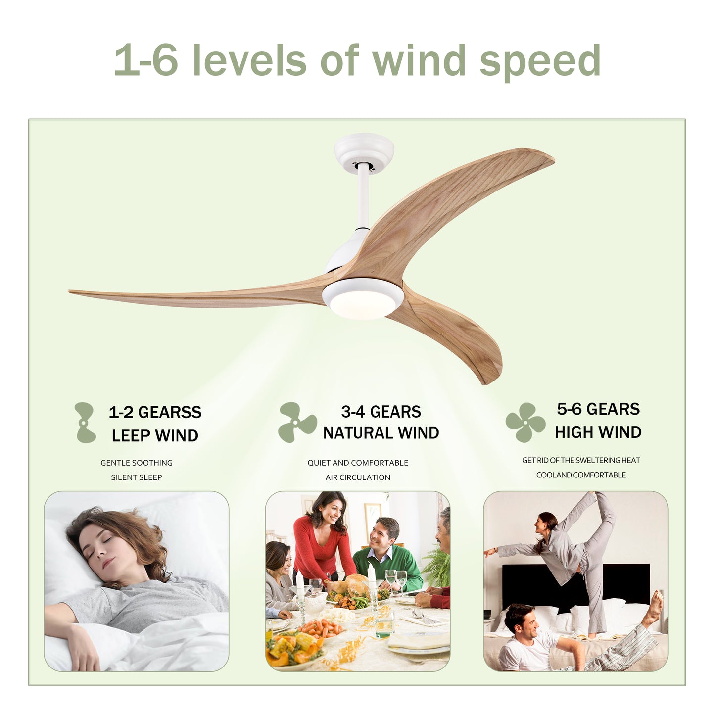 52" Ceiling Fan, Solid Wood Blades Ceiling Fan With Light with Remote Control, Noiseless Reversible Motor, 6 Speed ,3 Color ,for Patio Living Room, Bedroom,Indoor.(Matte White)