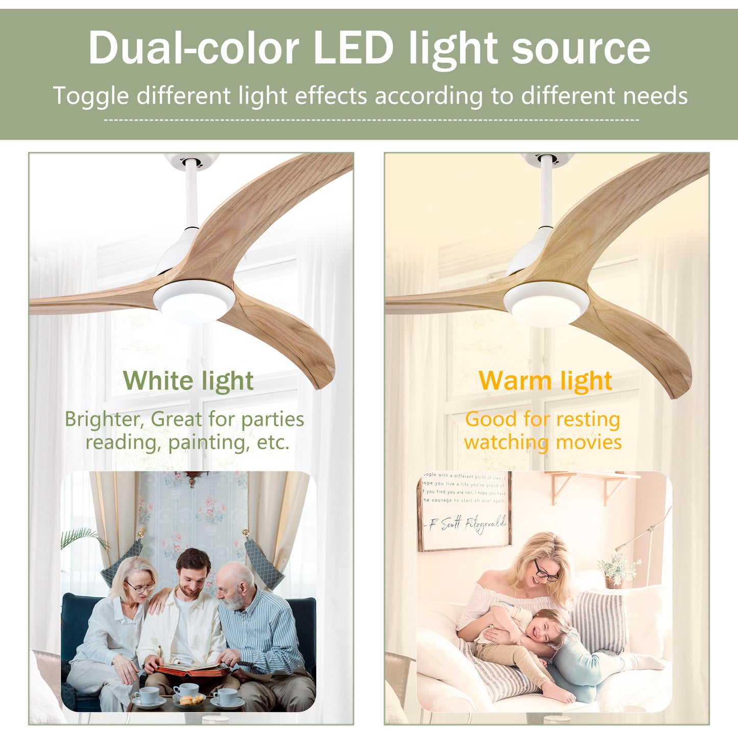 52" Ceiling Fan, Solid Wood Blades Ceiling Fan With Light with Remote Control, Noiseless Reversible Motor, 6 Speed ,3 Color ,for Patio Living Room, Bedroom,Indoor.(Matte White)
