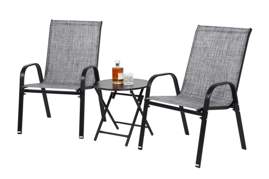 3 Piece Patio set, Outdoor Camping Chairs with Breathable Textilene Fabric, folding table with steel table top, 2chairs and 1table set ( Grey)