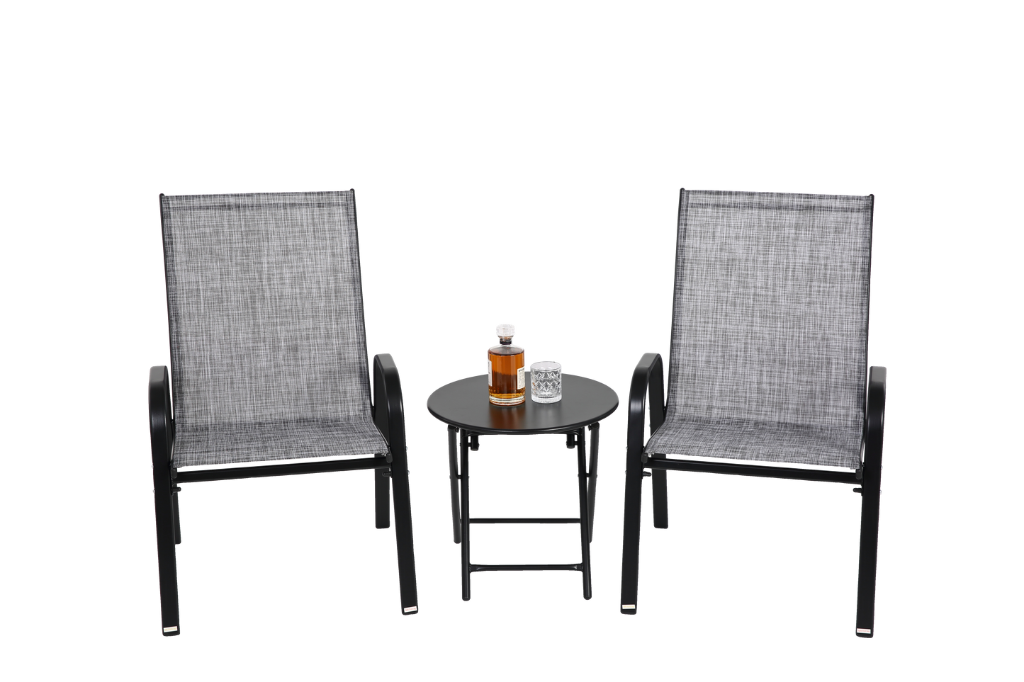 3 Piece Patio set, Outdoor Camping Chairs with Breathable Textilene Fabric, folding table with steel table top, 2chairs and 1table set ( Grey)