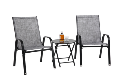 3 Piece Patio set, Outdoor Camping Chairs with Breathable Textilene Fabric, folding table with steel table top, 2chairs and 1table set ( Grey)