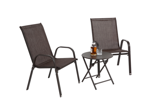 3 Piece Patio set, Outdoor Camping Chairs with Breathable Textilene Fabric, folding table with steel table top, 2chairs and 1table set ( Brown)