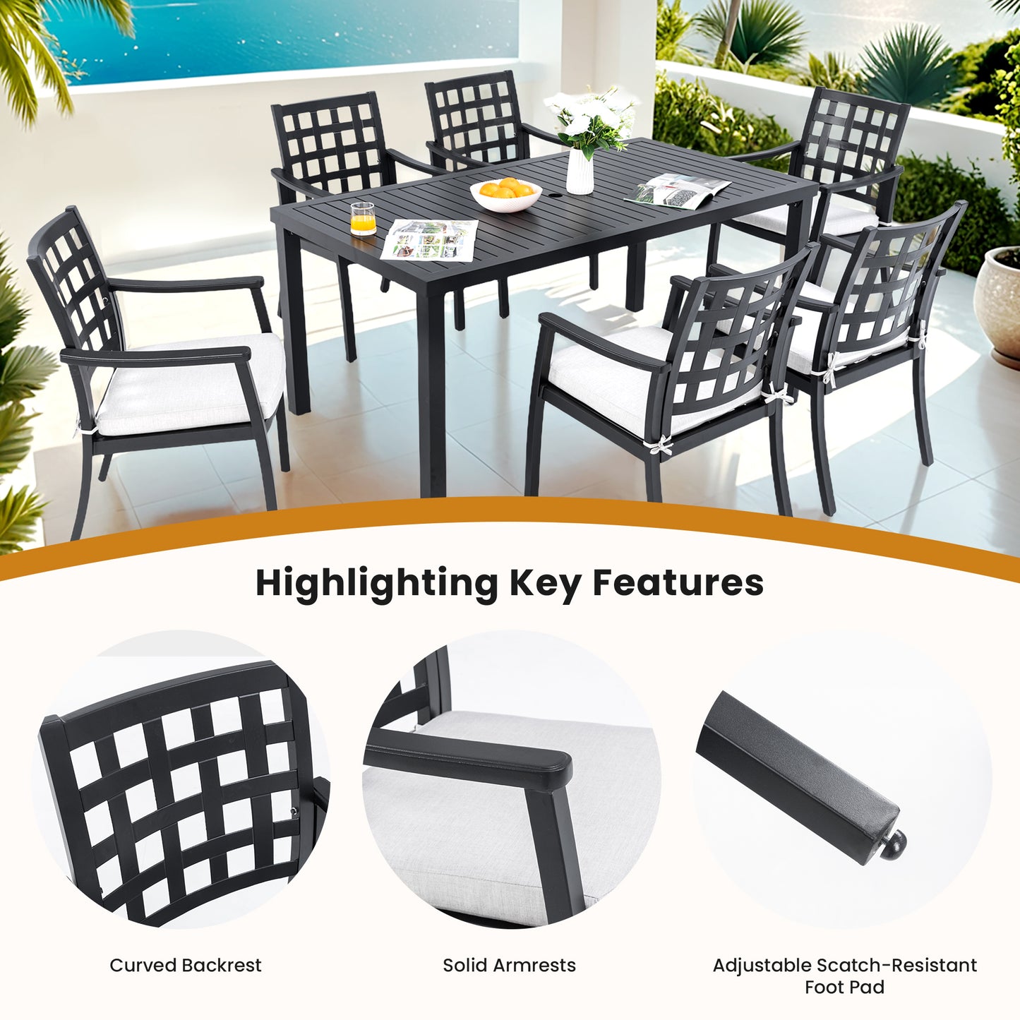 Modern Classic Cast Aluminum Outdoor Patio 2-Piece Dining Chairs, Textured Ember Black Finish, Ergonomic Lattice Backrest Design, Sunbrella Fabric Cushion,Weather-Resistant and Durable for Garden.