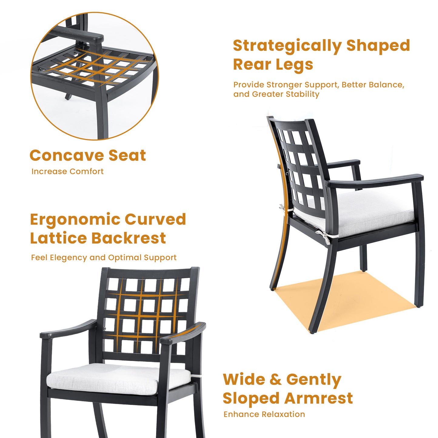 Modern Classic Cast Aluminum Outdoor Patio 2-Piece Dining Chairs, Textured Ember Black Finish, Ergonomic Lattice Backrest Design, Sunbrella Fabric Cushion,Weather-Resistant and Durable for Garden.