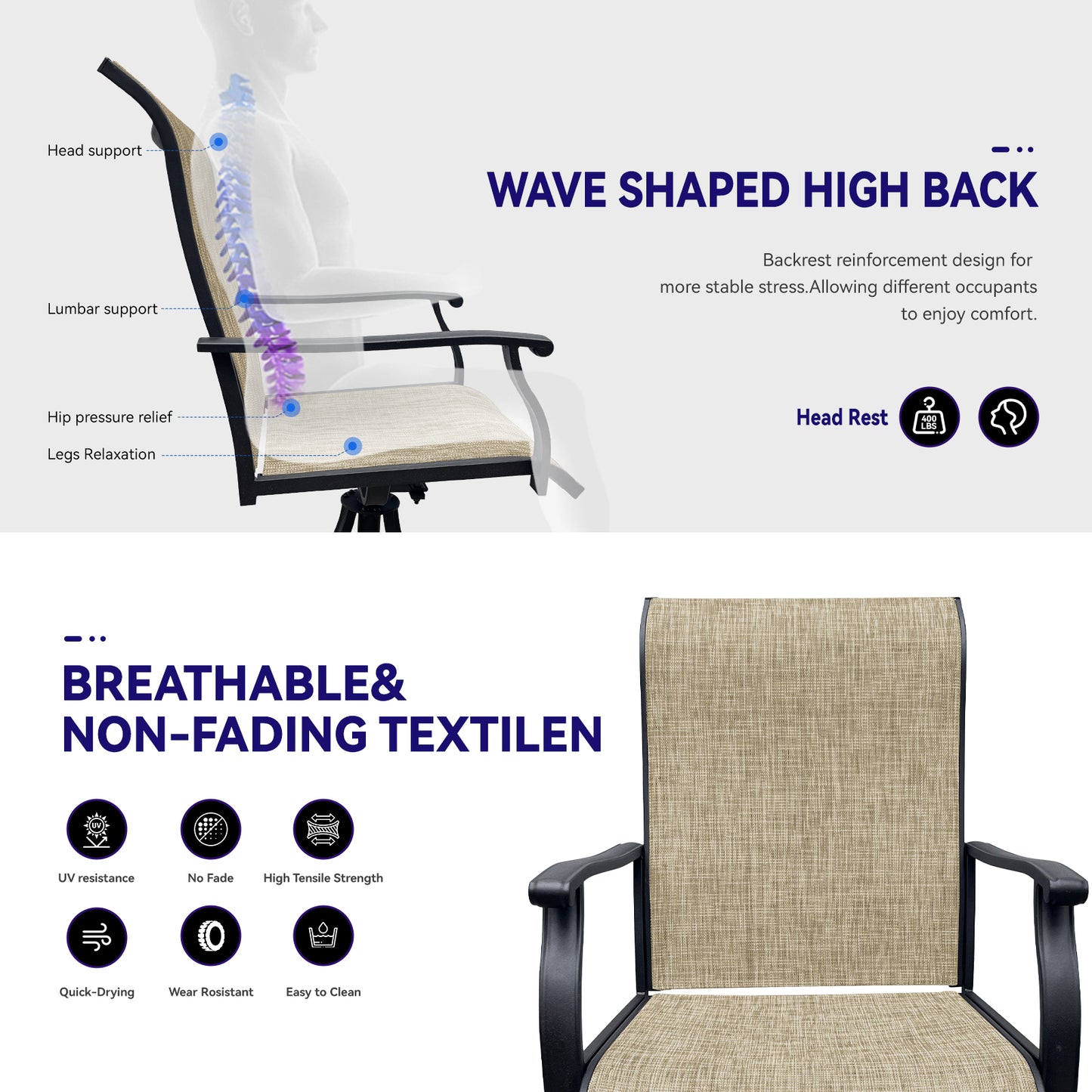 Swivel Dining Chairs Set of 2, Outdoor Swivel Breathable Textilene Patio Chairs Lawn Chairs for Front Porch Backyard Deck