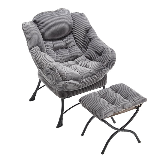 Lazy Chair with Ottoman, Modern Lounge Accent Chair with Armrests and a Side Pocket, Leisure Upholstered Sofa Chair Reading Chair with Footrest for Small Space, Corner Chair-Grey