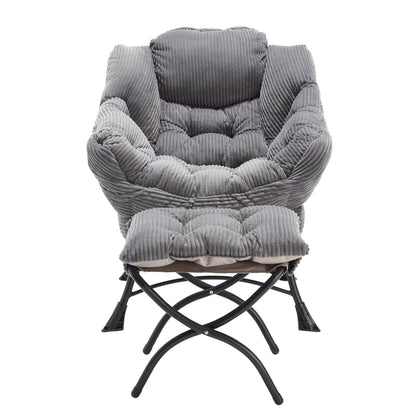 Lazy Chair with Ottoman, Modern Lounge Accent Chair with Armrests and a Side Pocket, Leisure Upholstered Sofa Chair Reading Chair with Footrest for Small Space, Corner Chair-Grey