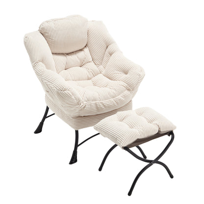 Lazy Chair with Ottoman, Modern Lounge Accent Chair with Armrests and a Side Pocket, Leisure Upholstered Sofa Chair Reading Chair with Footrest for Small Space, Corner Chair-White