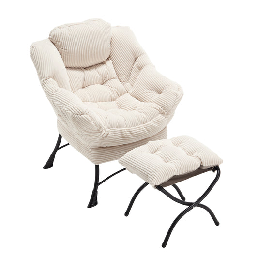 Lazy Chair with Ottoman, Modern Lounge Accent Chair with Armrests and a Side Pocket, Leisure Upholstered Sofa Chair Reading Chair with Footrest for Small Space, Corner Chair-White
