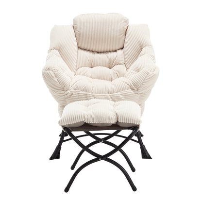 Lazy Chair with Ottoman, Modern Lounge Accent Chair with Armrests and a Side Pocket, Leisure Upholstered Sofa Chair Reading Chair with Footrest for Small Space, Corner Chair-White