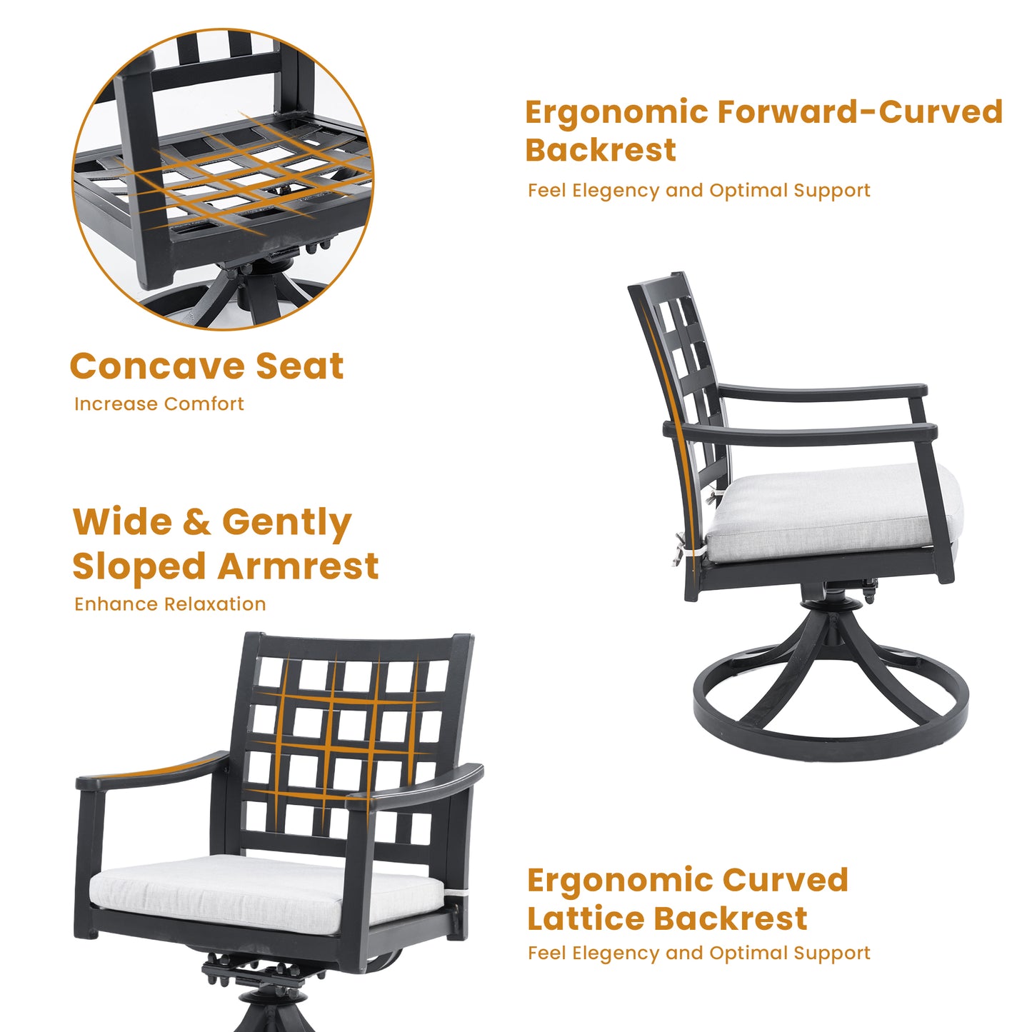 Modern Classic Outdoor Patio Cast Aluminum 2PCs Dining Swivel Rockers with Textured Ember Black Finish,Rocking-Rotating Motion,Lattice Design,Sunbrella Cushion,Weather-Resistant,Ergonomic & Stylish.
