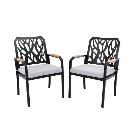 Outdoor Patio K/D Aluminum Stationary Dining Chairs 2PCS with Outdoor-grade Sunbrella Fabric Cushions, Branch-Like Backrest ,FSC-Certified Wood Armrests, Bourbon Brown