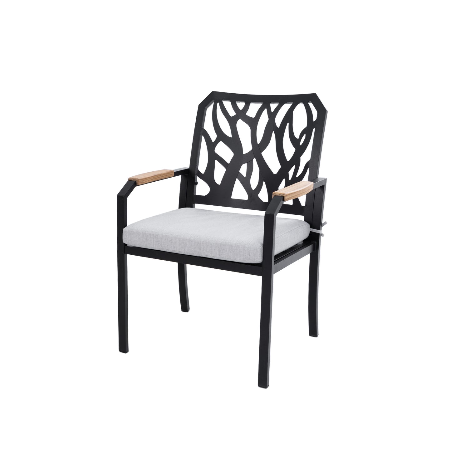 Outdoor Patio K/D Aluminum Stationary Dining Chairs 2PCS with Outdoor-grade Sunbrella Fabric Cushions, Branch-Like Backrest ,FSC-Certified Wood Armrests, Bourbon Brown