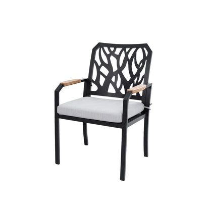 Outdoor Patio K/D Aluminum Stationary Dining Chairs 2PCS with Outdoor-grade Sunbrella Fabric Cushions, Branch-Like Backrest ,FSC-Certified Wood Armrests, Bourbon Brown
