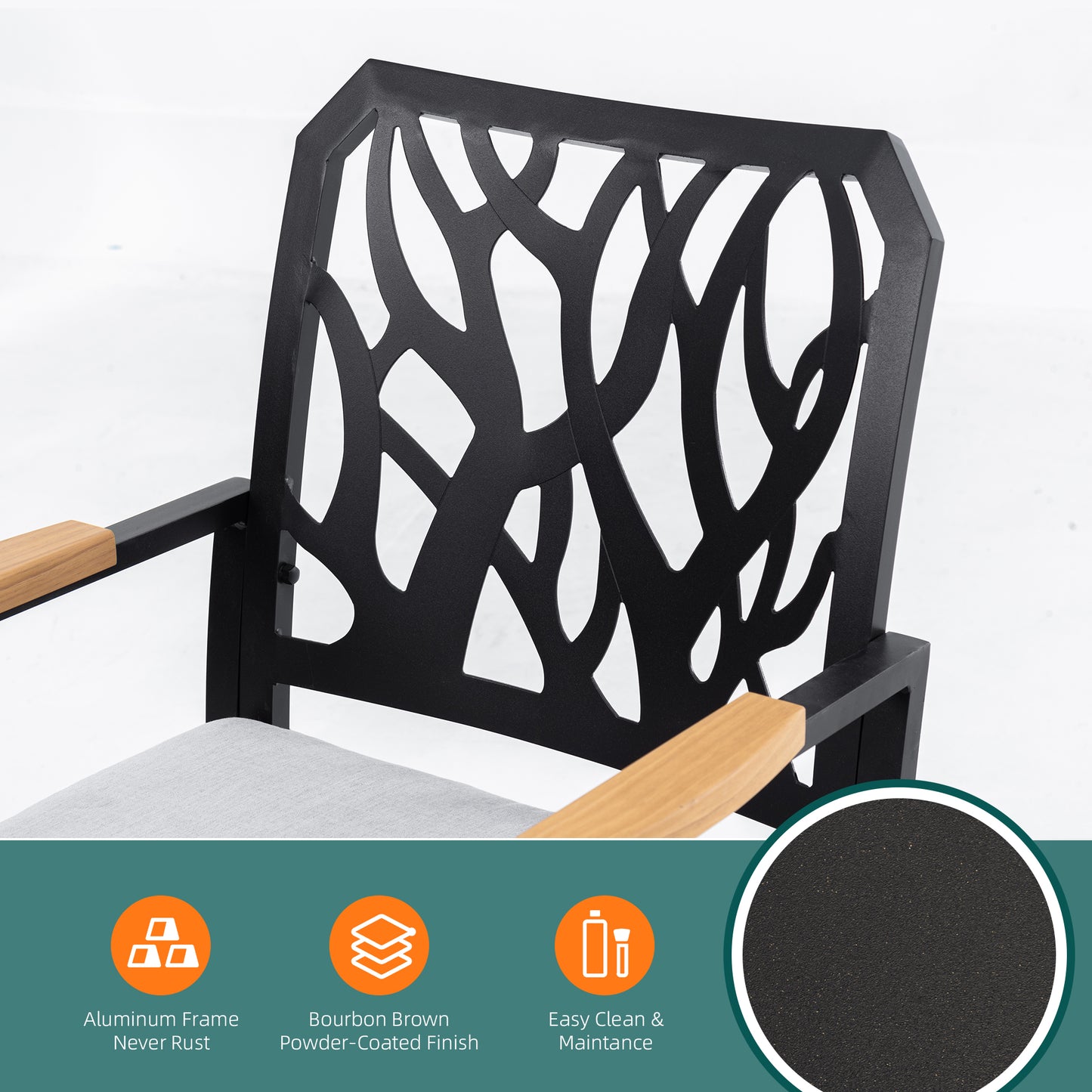 Outdoor Patio K/D Aluminum Stationary Dining Chairs 2PCS with Outdoor-grade Sunbrella Fabric Cushions, Branch-Like Backrest ,FSC-Certified Wood Armrests, Bourbon Brown