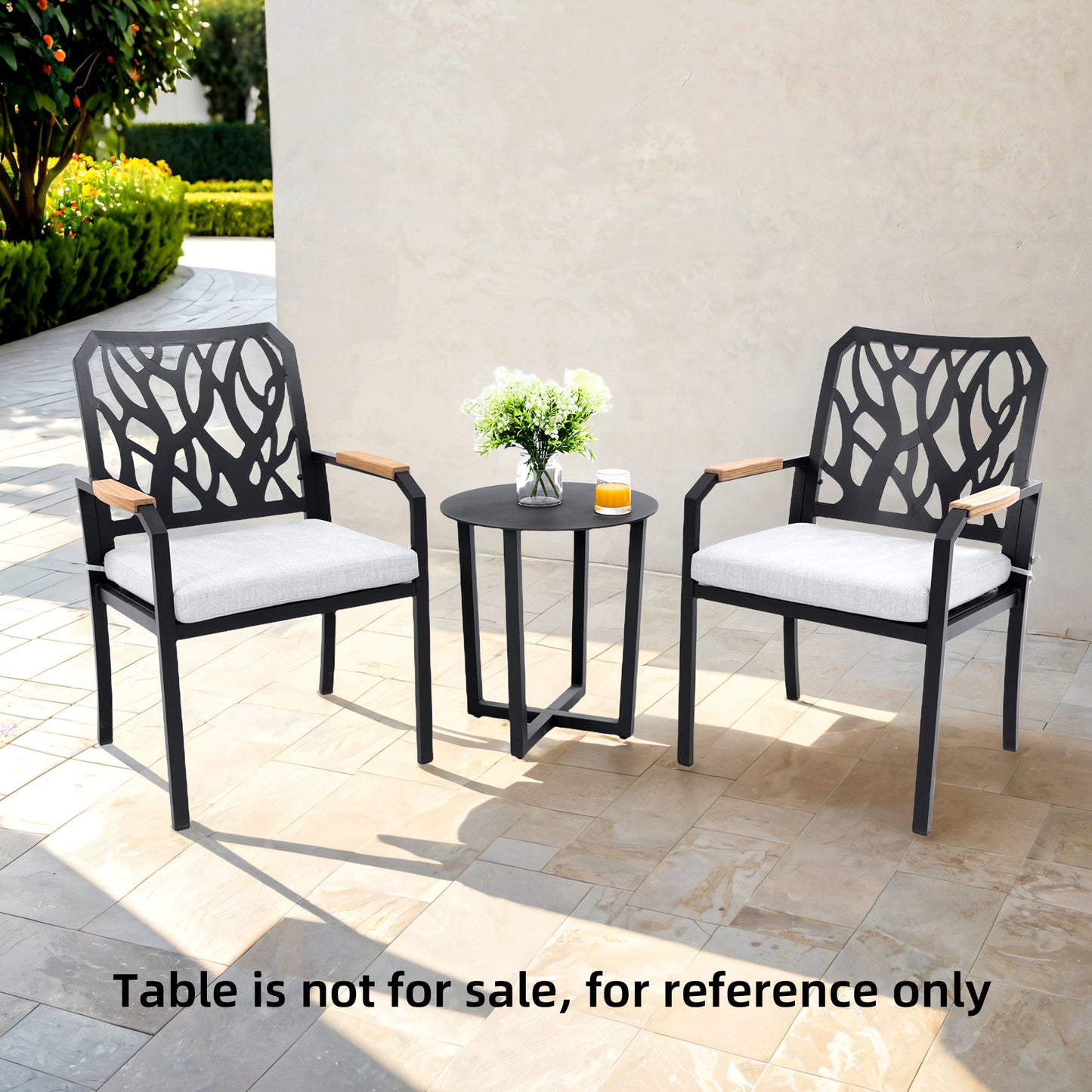 Outdoor Patio K/D Aluminum Stationary Dining Chairs 2PCS with Outdoor-grade Sunbrella Fabric Cushions, Branch-Like Backrest ,FSC-Certified Wood Armrests, Bourbon Brown