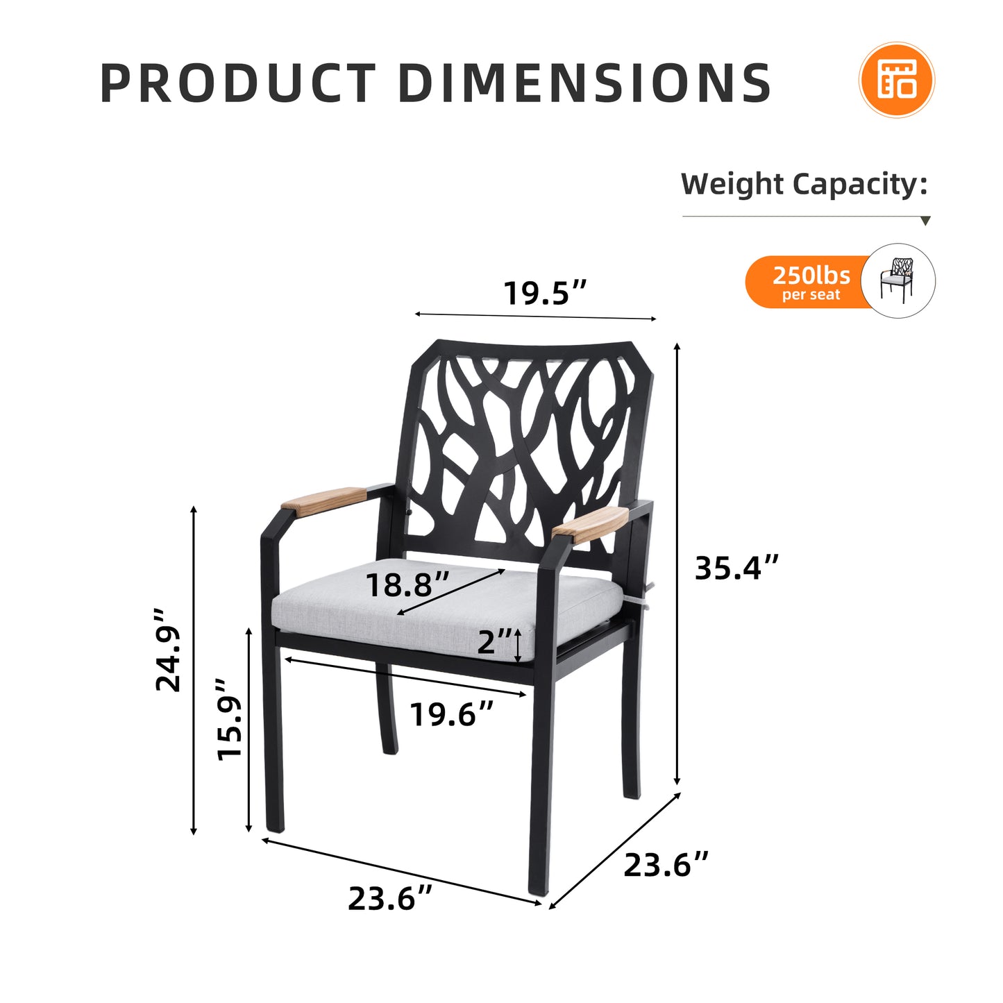 Outdoor Patio K/D Aluminum Stationary Dining Chairs 2PCS with Outdoor-grade Sunbrella Fabric Cushions, Branch-Like Backrest ,FSC-Certified Wood Armrests, Bourbon Brown