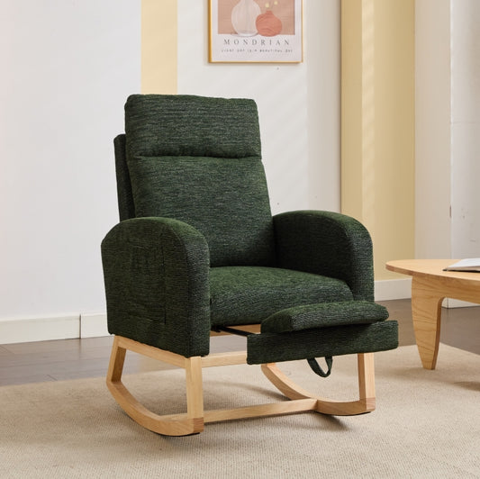 Modern Accent Rocking Chair Rocking Chair with Solid Wood Legs, Upholstered Nursery Glider Rocker, Comfy Armchair with Side Pocket, Living Room Lounge Arm Chair with High Backrest fabric