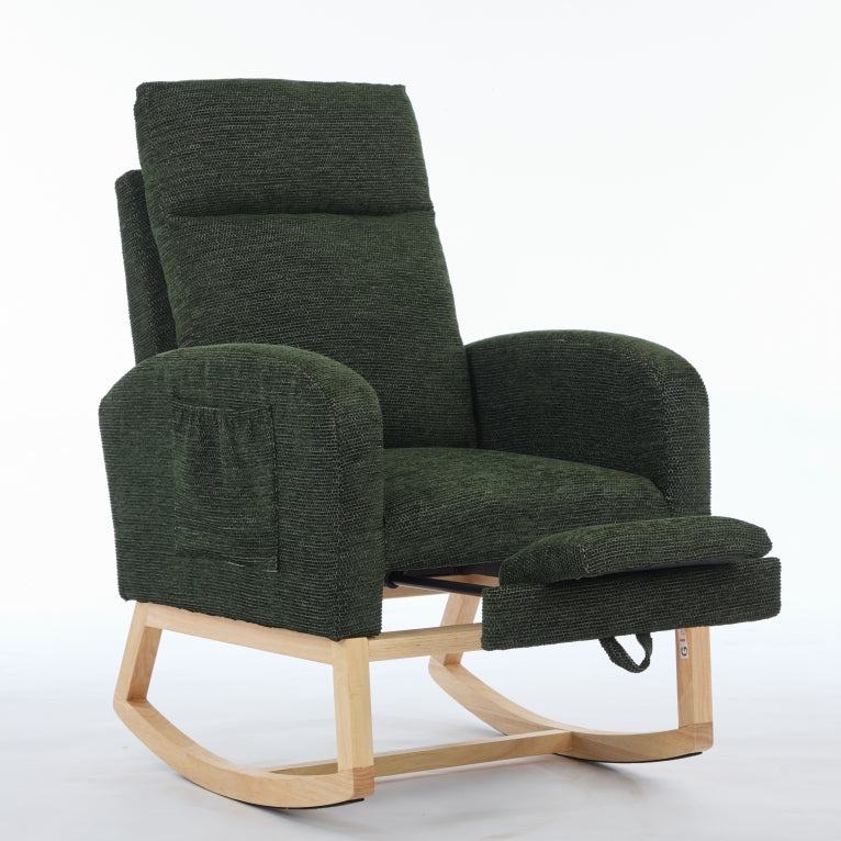 Modern Accent Rocking Chair Rocking Chair with Solid Wood Legs, Upholstered Nursery Glider Rocker, Comfy Armchair with Side Pocket, Living Room Lounge Arm Chair with High Backrest fabric