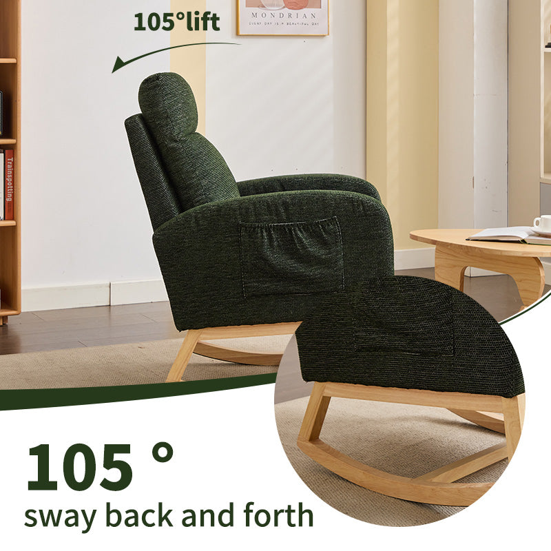 Modern Accent Rocking Chair Rocking Chair with Solid Wood Legs, Upholstered Nursery Glider Rocker, Comfy Armchair with Side Pocket, Living Room Lounge Arm Chair with High Backrest fabric