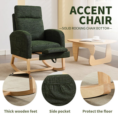 Modern Accent Rocking Chair Rocking Chair with Solid Wood Legs, Upholstered Nursery Glider Rocker, Comfy Armchair with Side Pocket, Living Room Lounge Arm Chair with High Backrest fabric