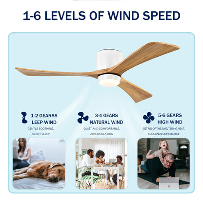 52" Ceiling Fan with Lights Remote Control,Quiet DC Motor 3 Blade Ceiling Fans 6 Speed Levels,Reversible Ceiling Fan, for Patio Living Room, Bedroom, Office,Indoor.(White +Natural)