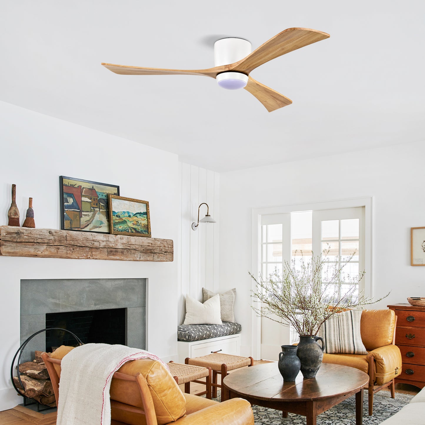 52" Ceiling Fan with Lights Remote Control,Quiet DC Motor 3 Blade Ceiling Fans 6 Speed Levels,Reversible Ceiling Fan, for Patio Living Room, Bedroom, Office,Indoor.(White +Natural)