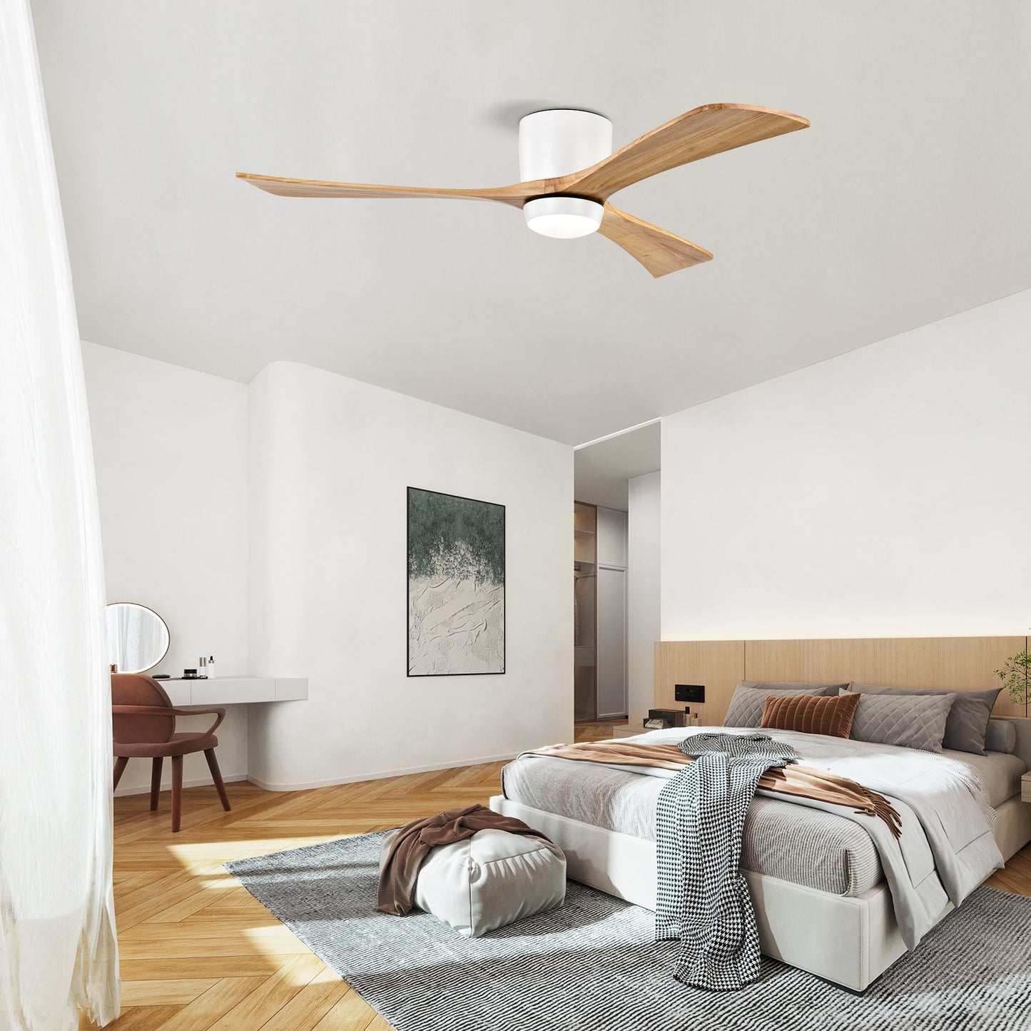 52" Ceiling Fan with Lights Remote Control,Quiet DC Motor 3 Blade Ceiling Fans 6 Speed Levels,Reversible Ceiling Fan, for Patio Living Room, Bedroom, Office,Indoor.(White +Natural)