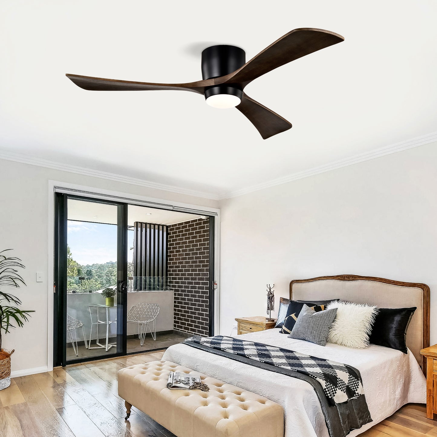 52" Ceiling Fan with Lights Remote Control,Quiet DC Motor 3 Blade Ceiling Fans 6 Speed Levels,Reversible Ceiling Fan, for Patio Living Room, Bedroom, Office,Indoor.(Matte Black +Black Walnut )