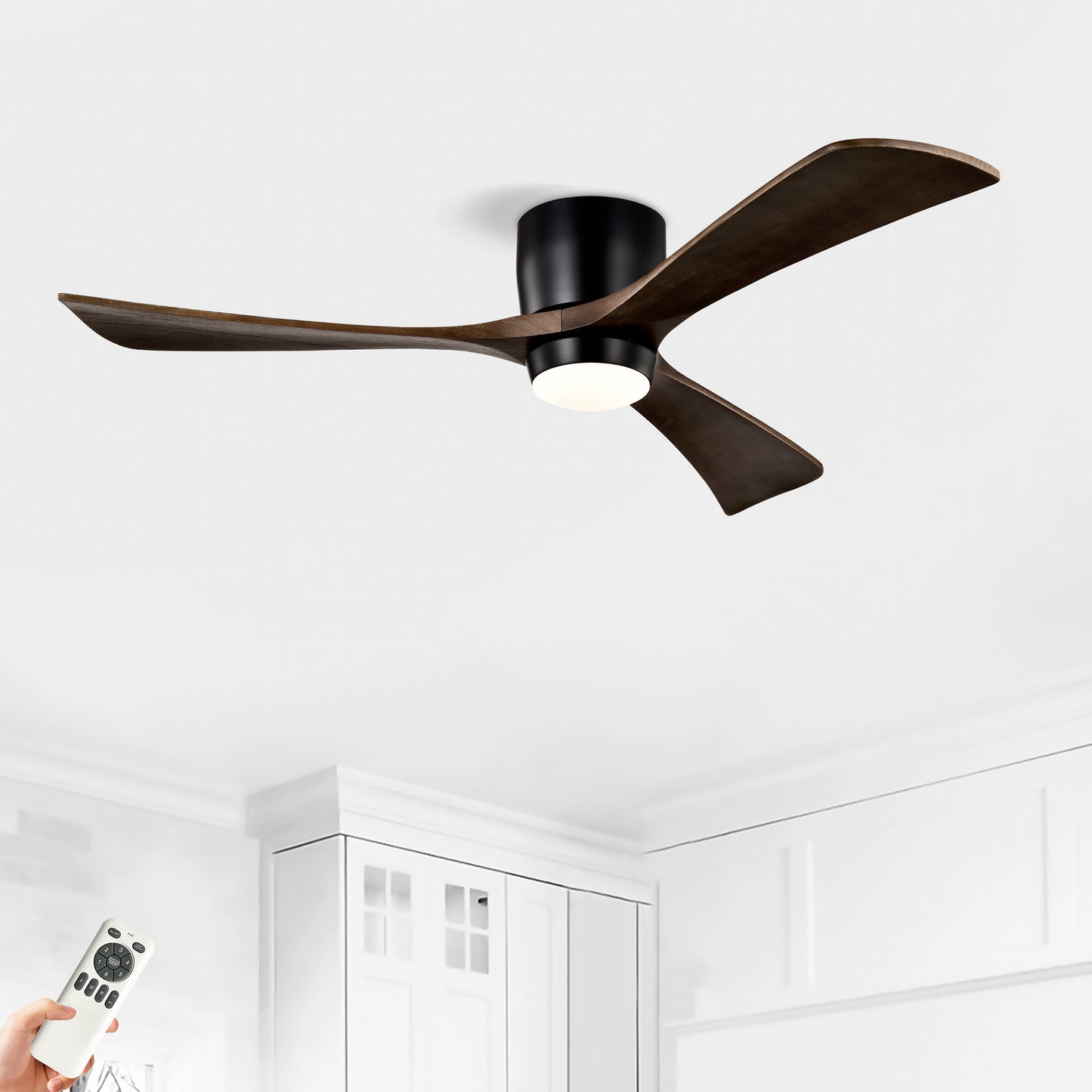 52" Ceiling Fan with Lights Remote Control,Quiet DC Motor 3 Blade Ceiling Fans 6 Speed Levels,Reversible Ceiling Fan, for Patio Living Room, Bedroom, Office,Indoor.(Matte Black +Black Walnut )