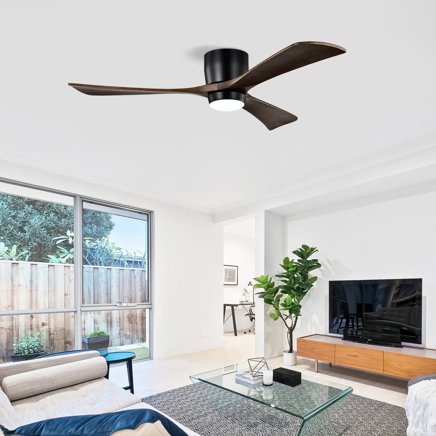 52" Ceiling Fan with Lights Remote Control,Quiet DC Motor 3 Blade Ceiling Fans 6 Speed Levels,Reversible Ceiling Fan, for Patio Living Room, Bedroom, Office,Indoor.(Matte Black +Black Walnut )