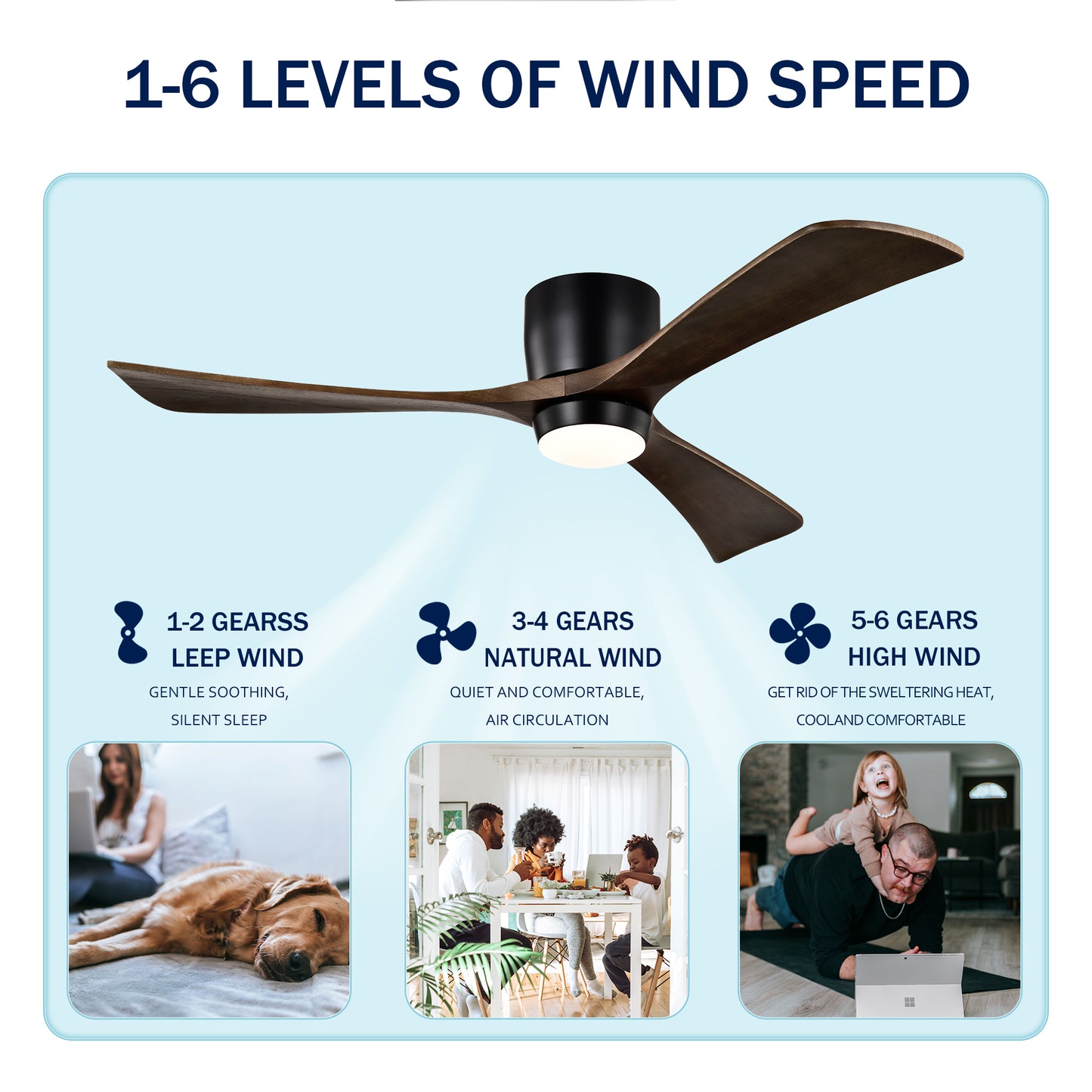 52" Ceiling Fan with Lights Remote Control,Quiet DC Motor 3 Blade Ceiling Fans 6 Speed Levels,Reversible Ceiling Fan, for Patio Living Room, Bedroom, Office,Indoor.(Matte Black +Black Walnut )